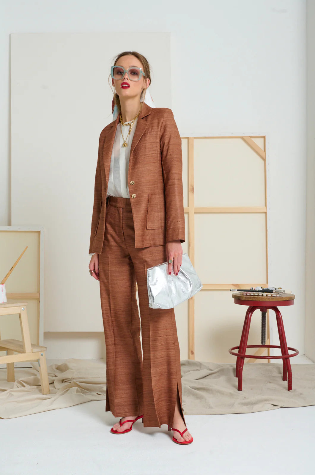 Le Stripe Le Silk Side Split Pant Tobacco
