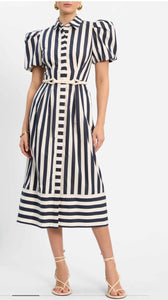 Rebecca Vallance Katerina Puff Sleeve Midi Dress Navy Stripe