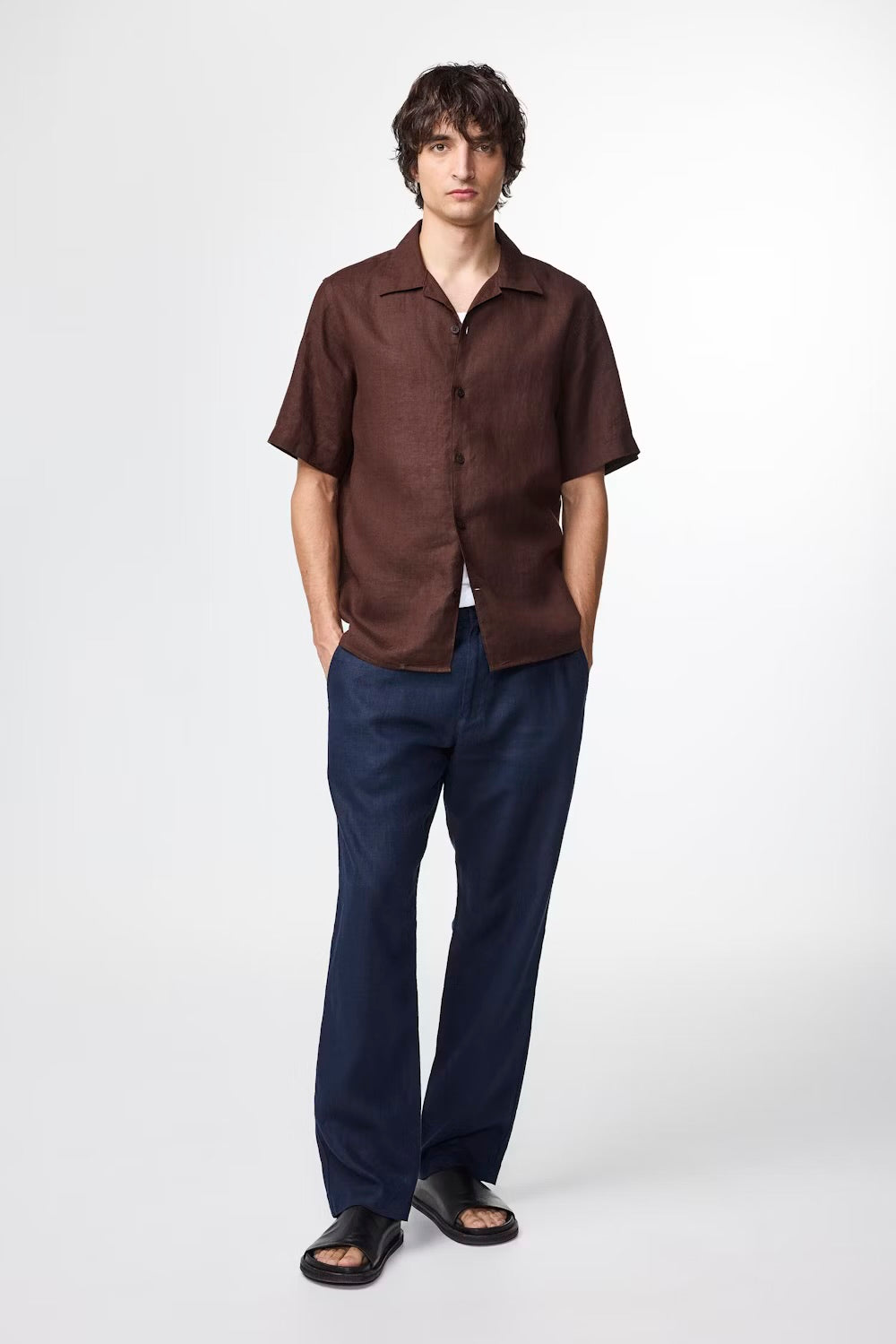 NN07 Julio Open Collar Linen Shirt- Coffee