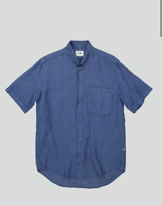 No Nationality  Arne Stone Blue Short Sleeve Linen Shirt