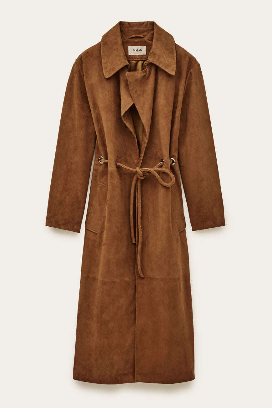 Ba&sh Matte Long Leather Coat  Camel