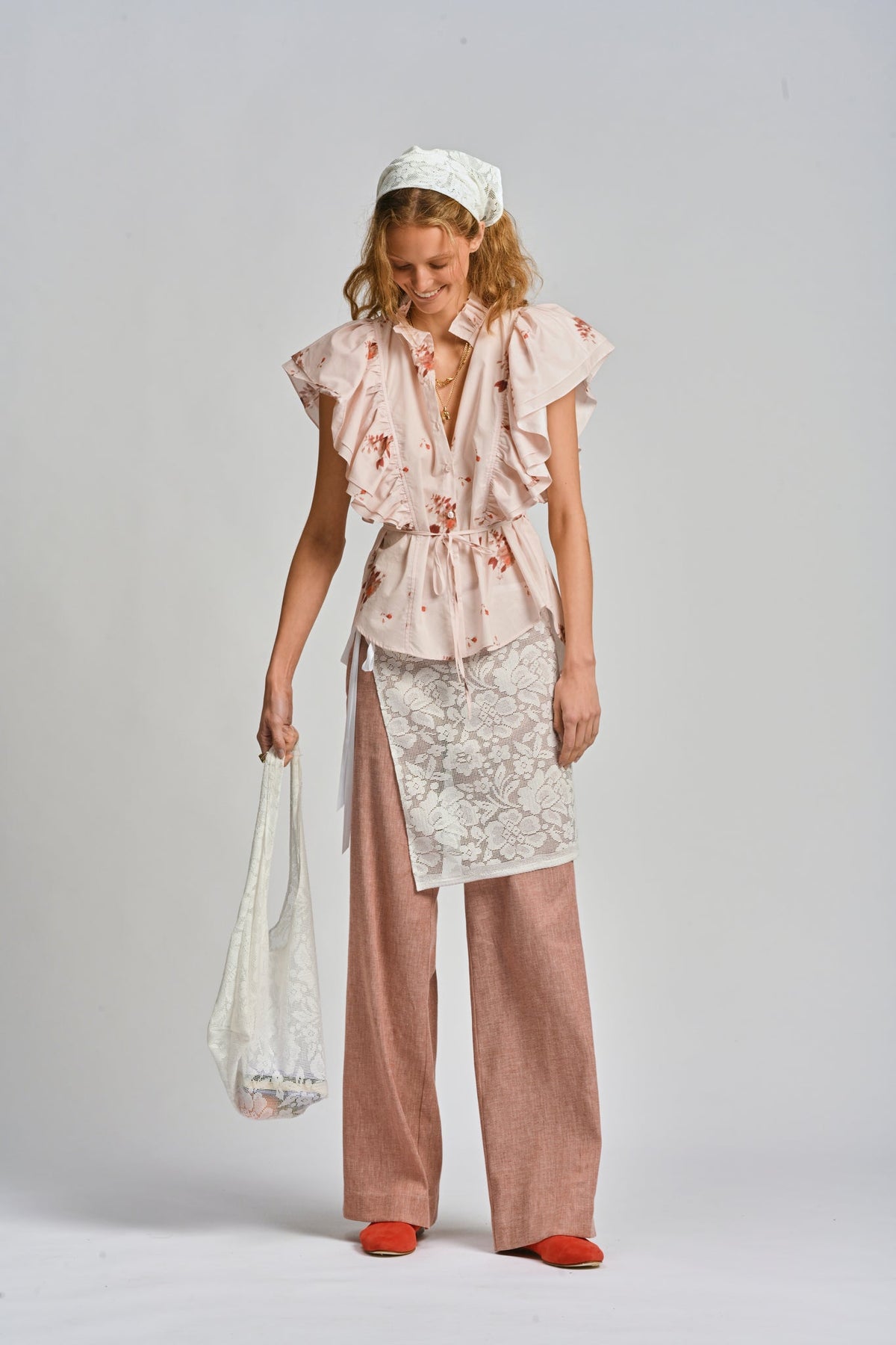 Le Stripe Le Tablecloth Frill Top Rosa