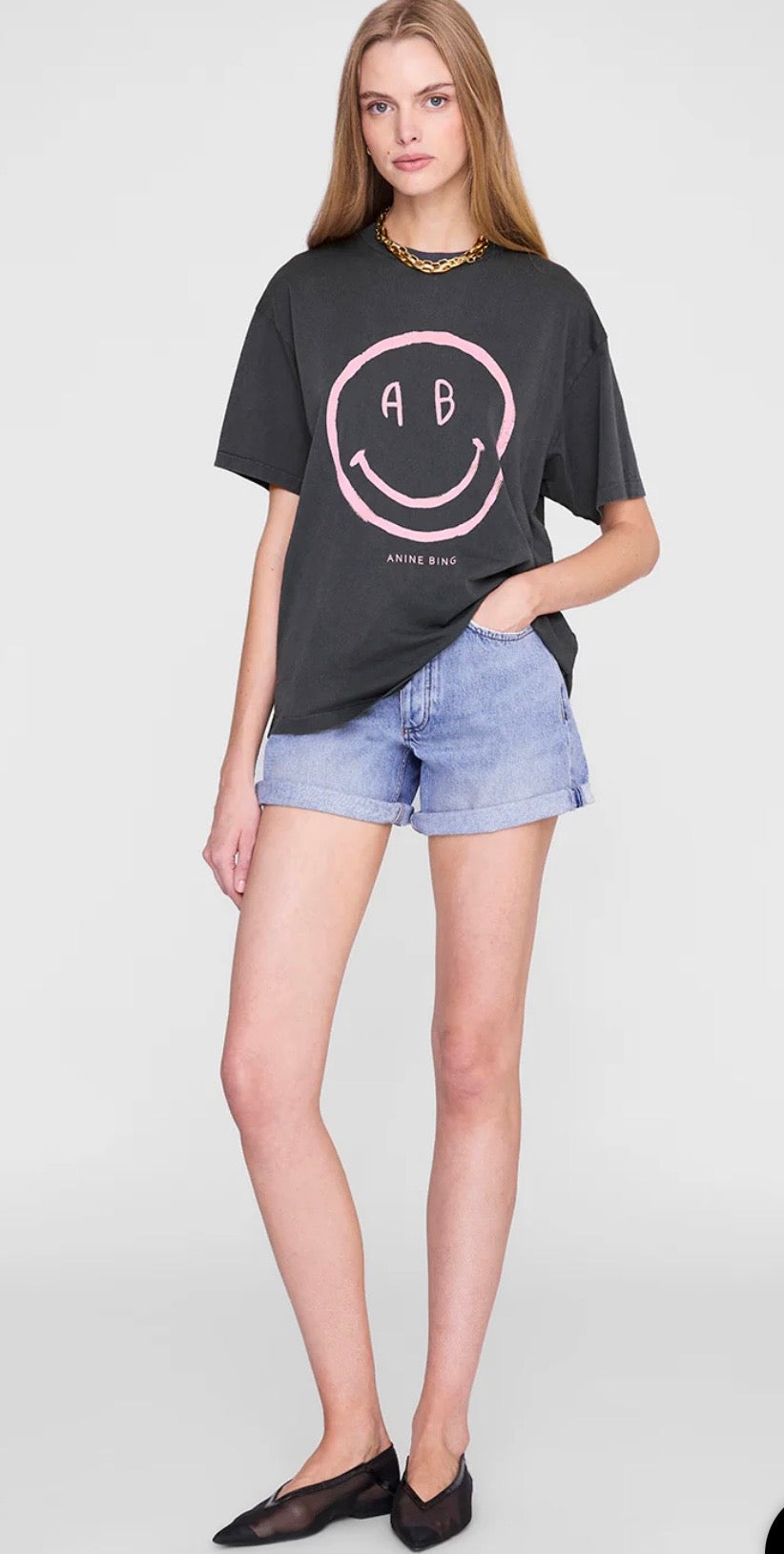Anine Bing Cade Tee Smiley in Washed Grey