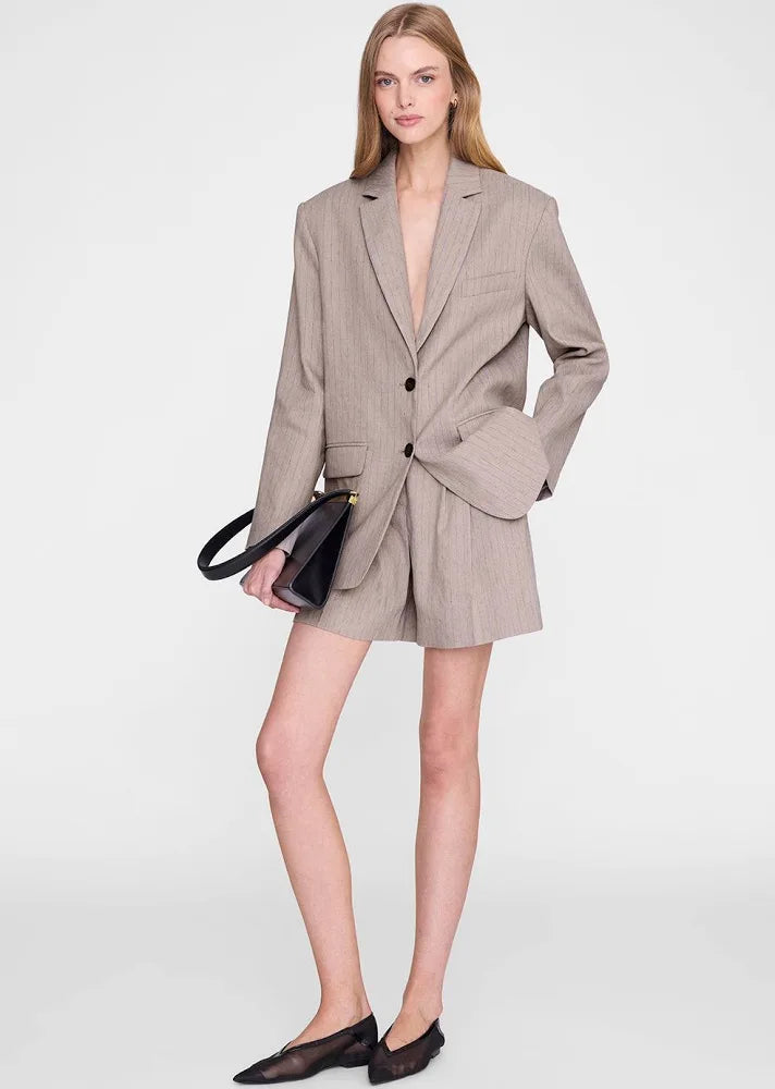 Anine Bing Quinn Blazer in Taupe and Blue Pinstripe