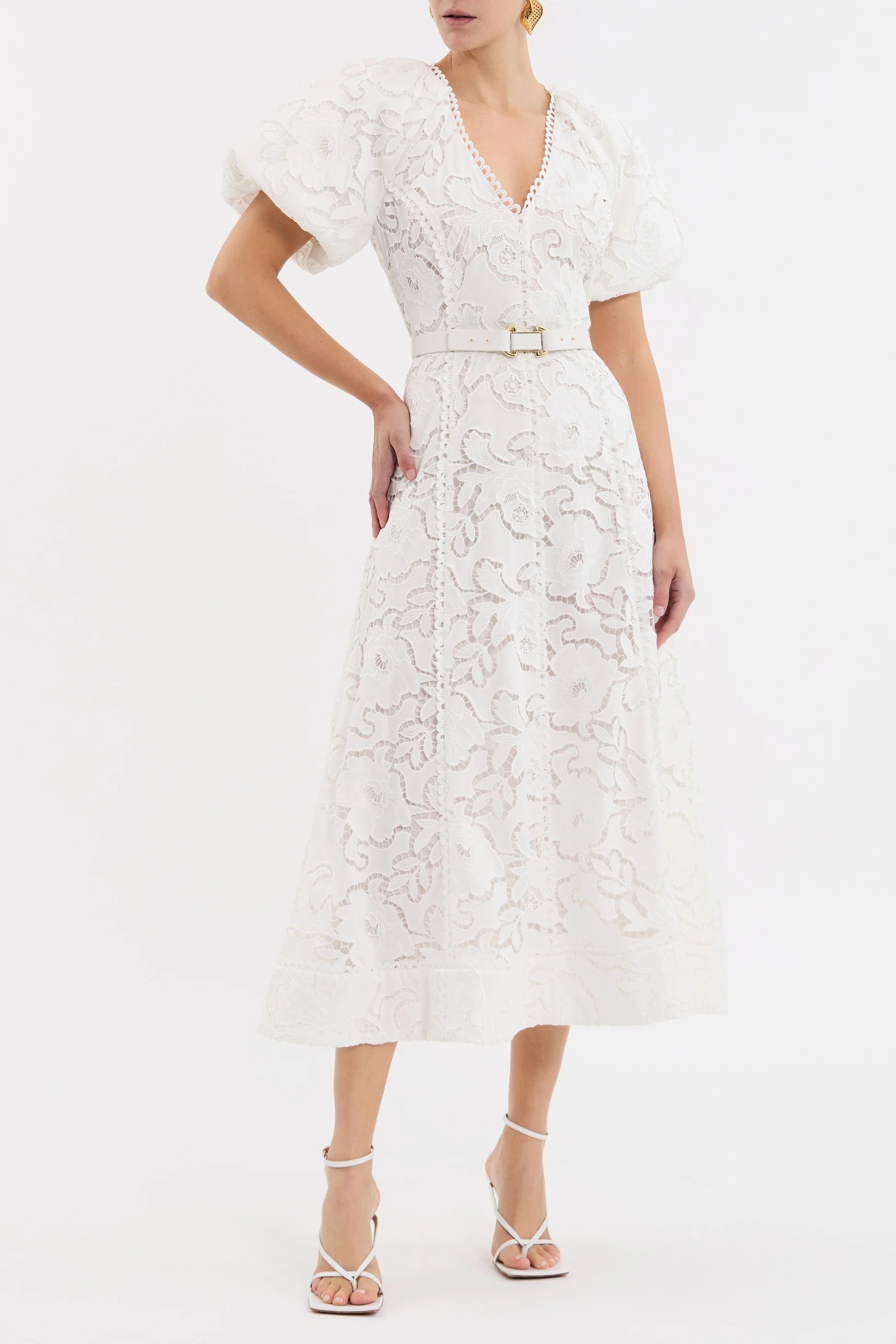 Rebecca Vallance Ginger Puff sleeve Midi Dress White