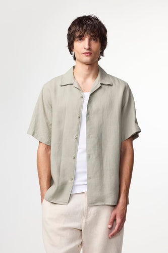 NN07 Julio Open Collar Linen Shirt Sage Green