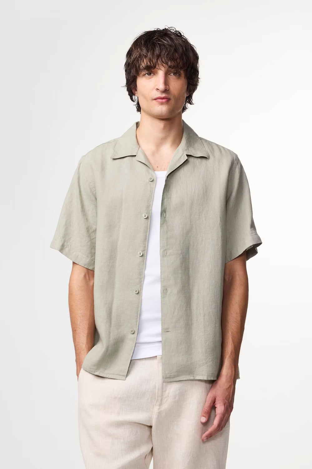 NN07 Julio Open Collar Linen Shirt Sage Green