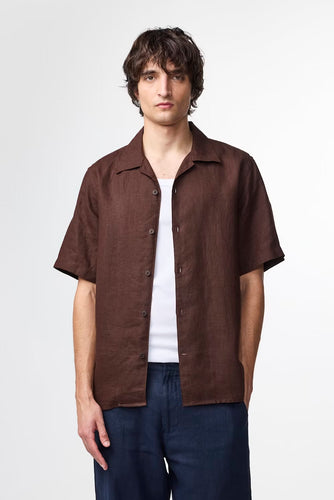 NN07 Julio Open Collar Linen Shirt- Coffee