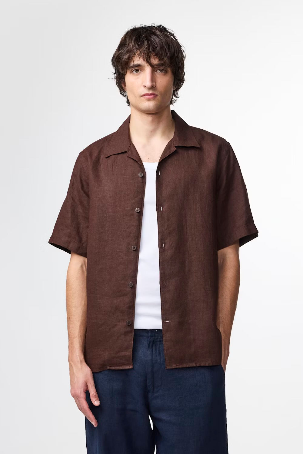 NN07 Julio Open Collar Linen Shirt- Coffee