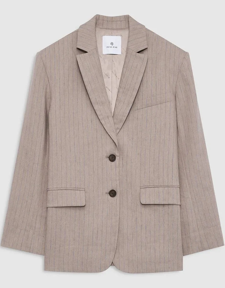 Anine Bing Quinn Blazer in Taupe and Blue Pinstripe