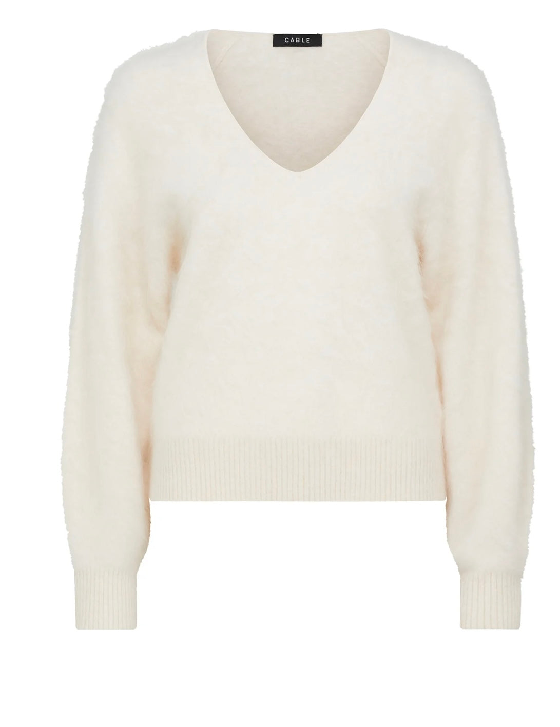 Cable Brushed Cashwool V Jumper in Parchment