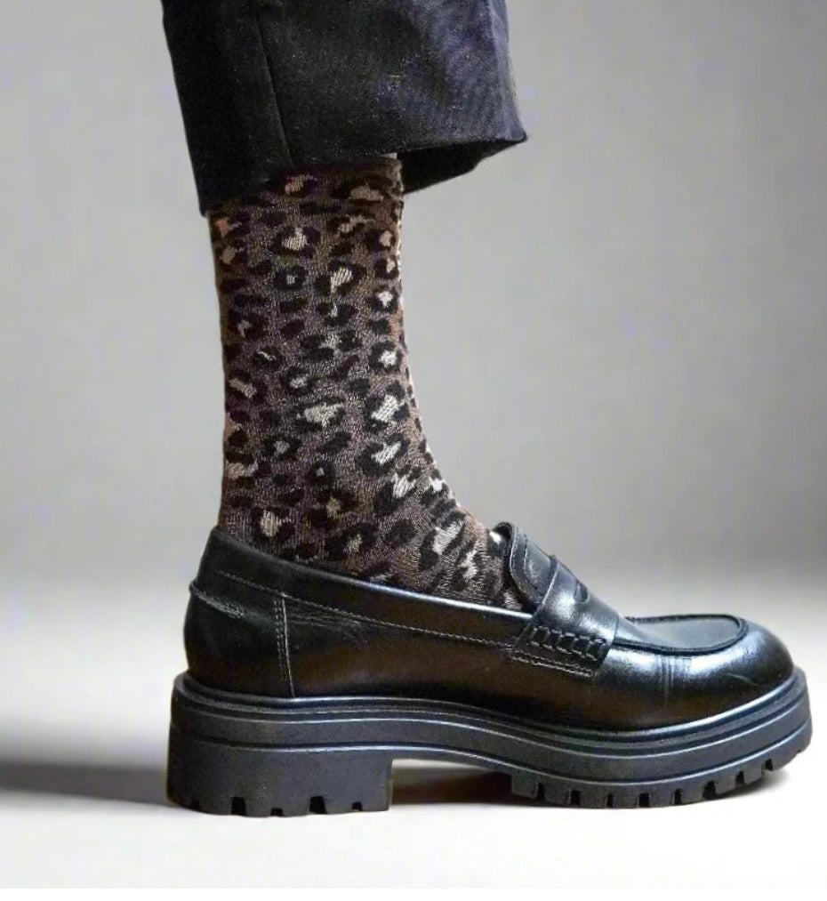 Klue Glitter Lurex socks in Leopard Brown
