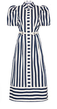 Load image into Gallery viewer, Rebecca Vallance Katerina Puff Sleeve Midi Dress Navy Stripe