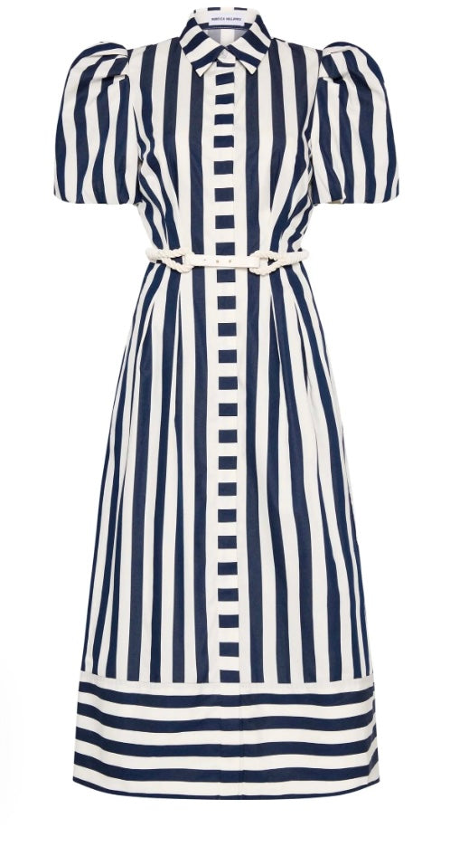 Rebecca Vallance Katerina Puff Sleeve Midi Dress Navy Stripe