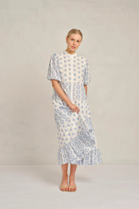 Alessandra Martina Linen Broderie Dress in Bluebell Posy