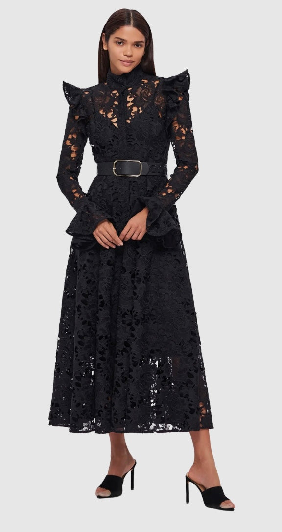 Leo Lin Aliyah Puff Sleeve Midi Dress Ebony