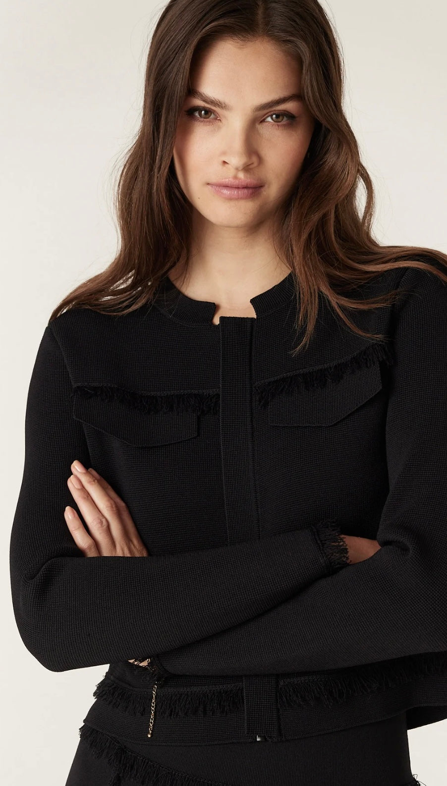 Cable Crepe Fringe Jacket Black