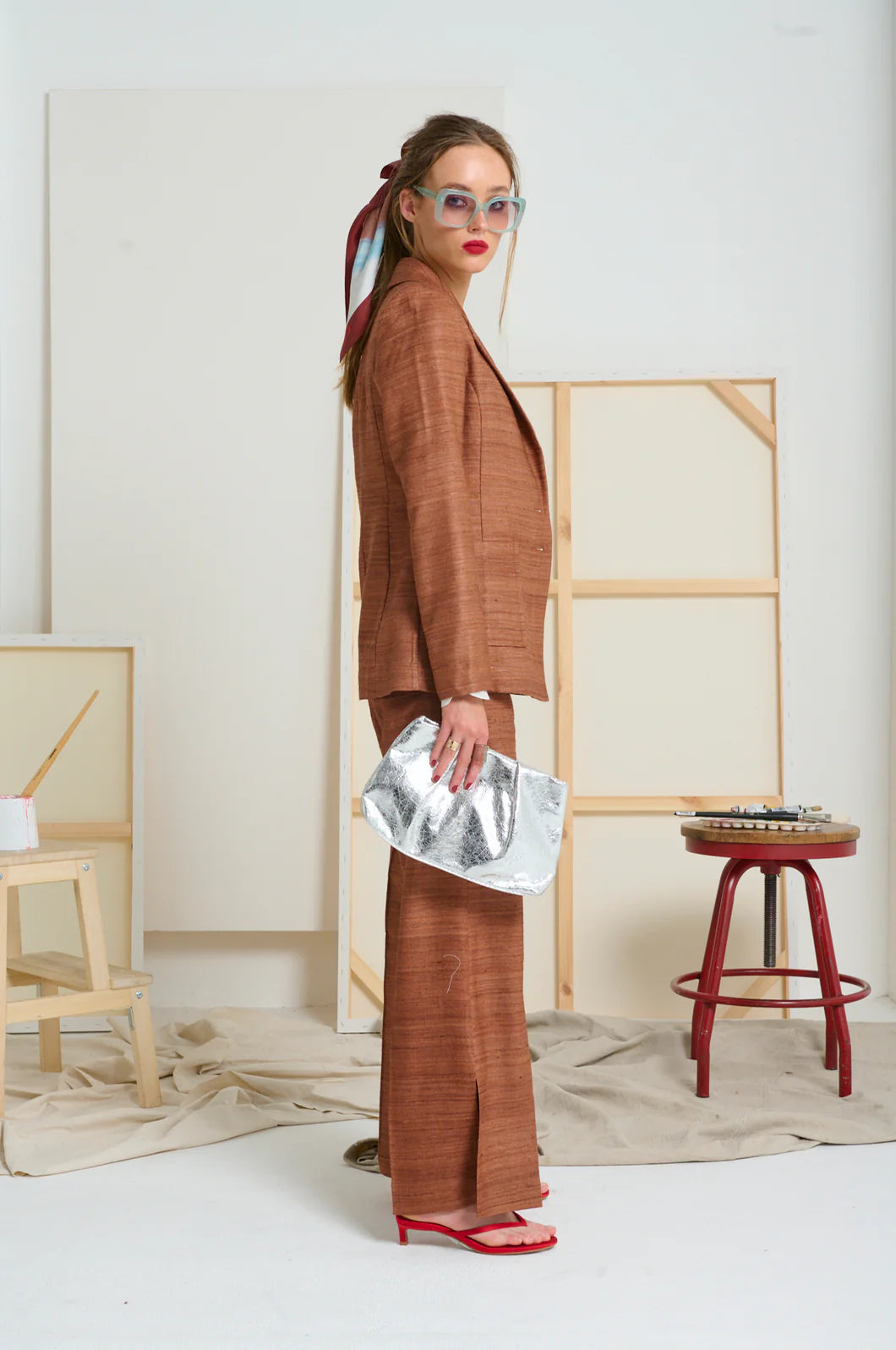 Le Stripe Le Silk Side Split Pant Tobacco