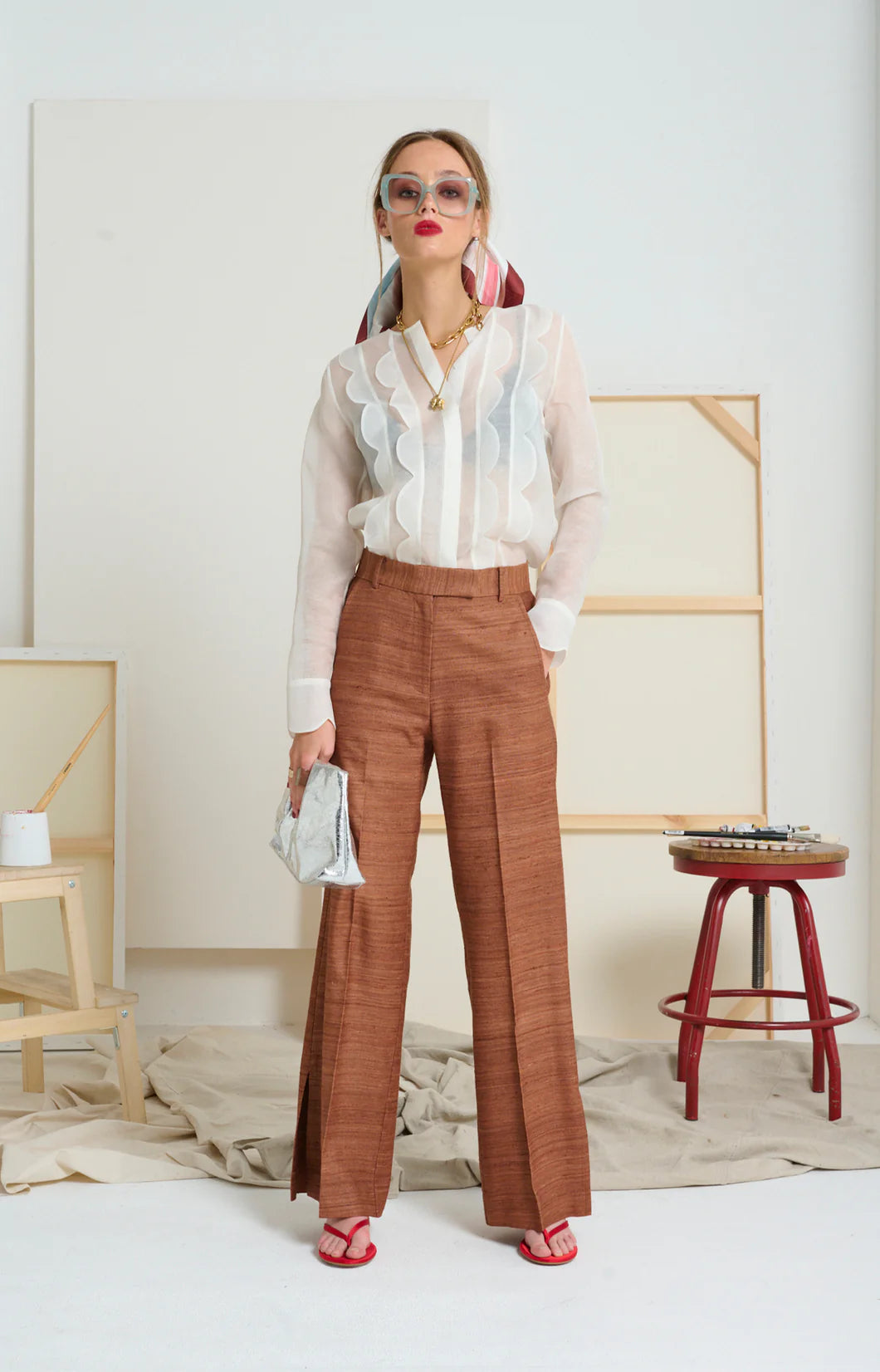 Le Stripe Le Silk Side Split Pant Tobacco
