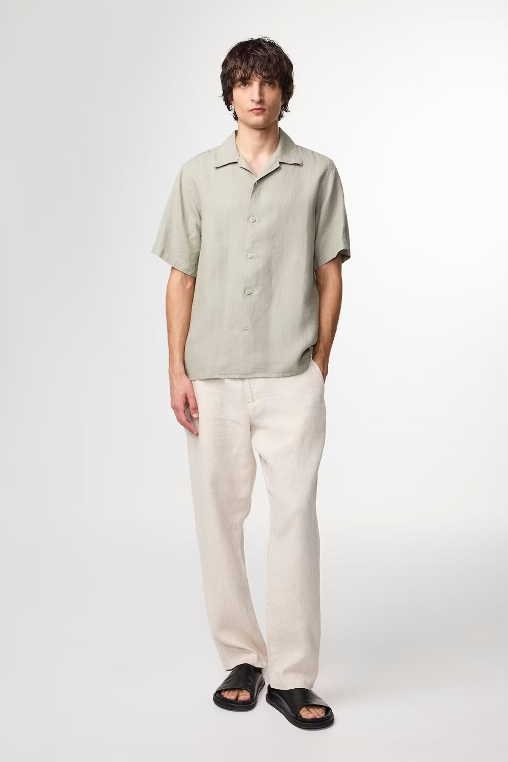NN07 Julio Open Collar Linen Shirt Sage Green