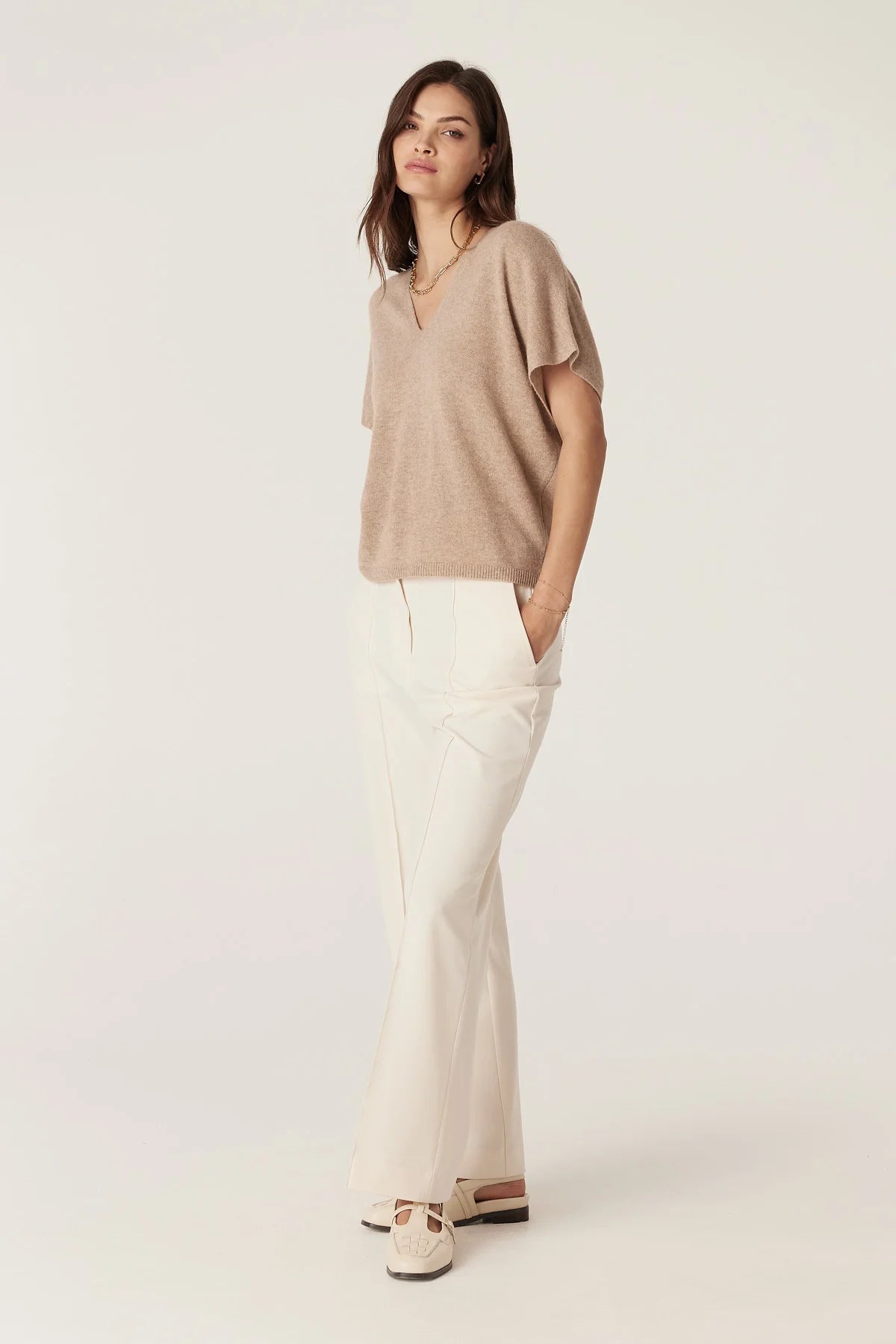 Cable Pure Cashmere Relaxed Top - Biscuit
