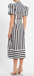 Rebecca Vallance Katerina Puff Sleeve Midi Dress Navy Stripe