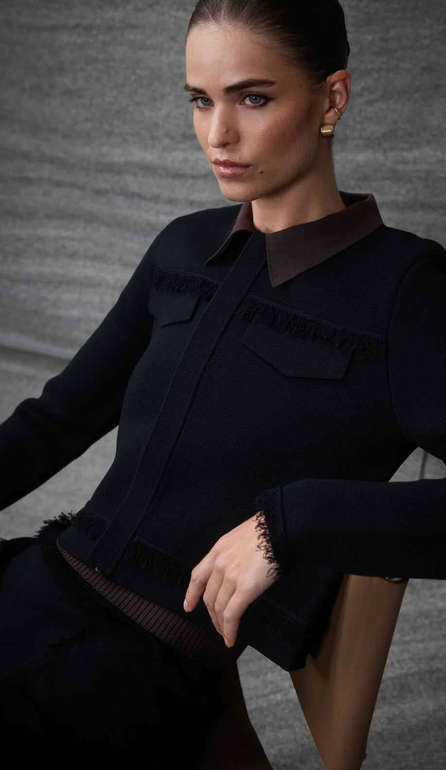 Cable Crepe Fringe Jacket Black