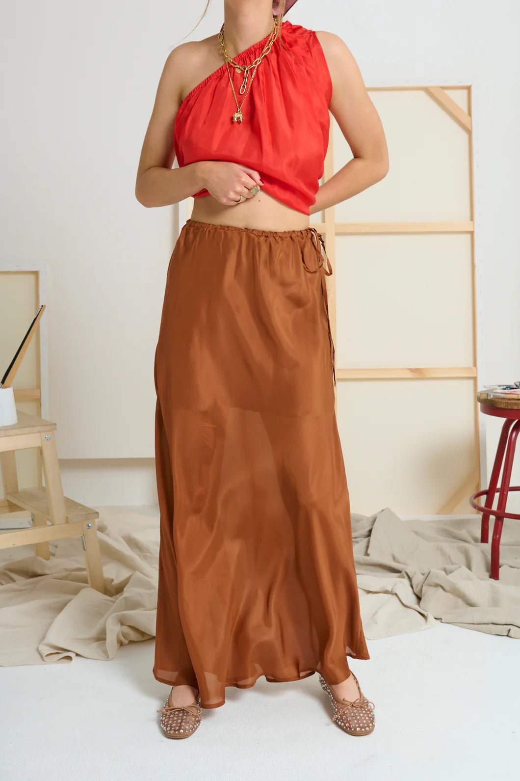 Le Stripe Le Long Silk Skirt Bronzed