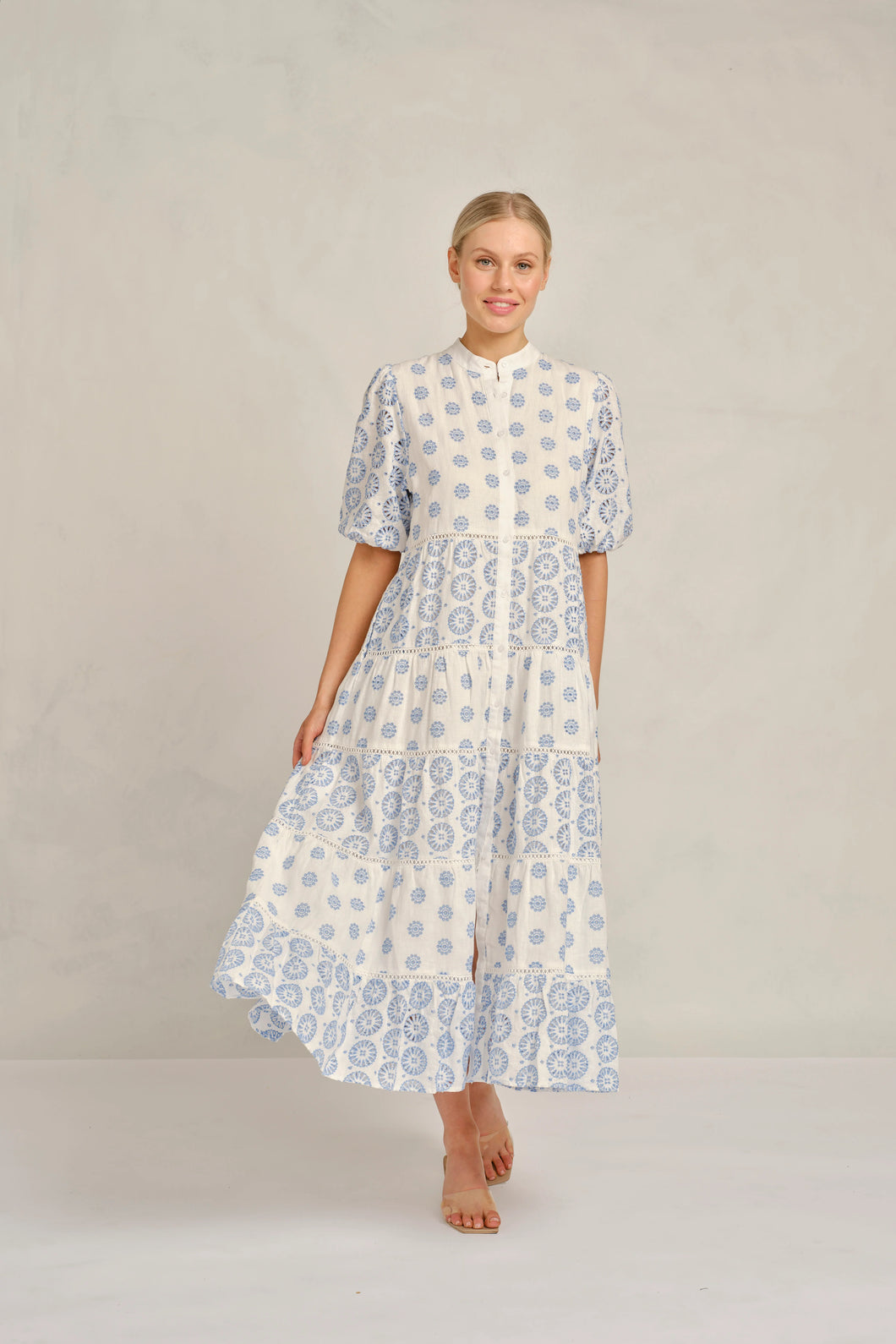 Alessandra Martina Linen Broderie Dress in Bluebell Posy