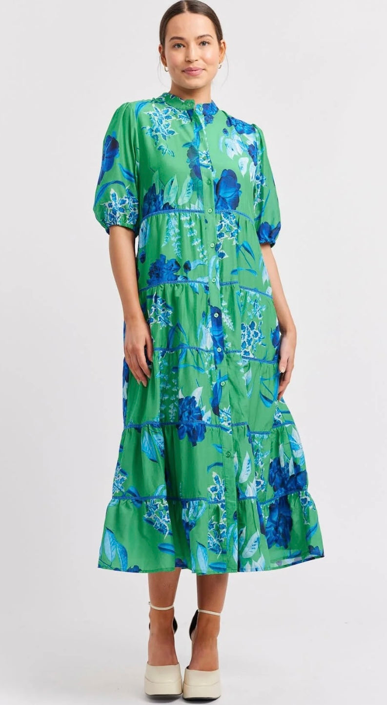 Alessandra Martina Cotton Silk Dress in Emerald Night Garden