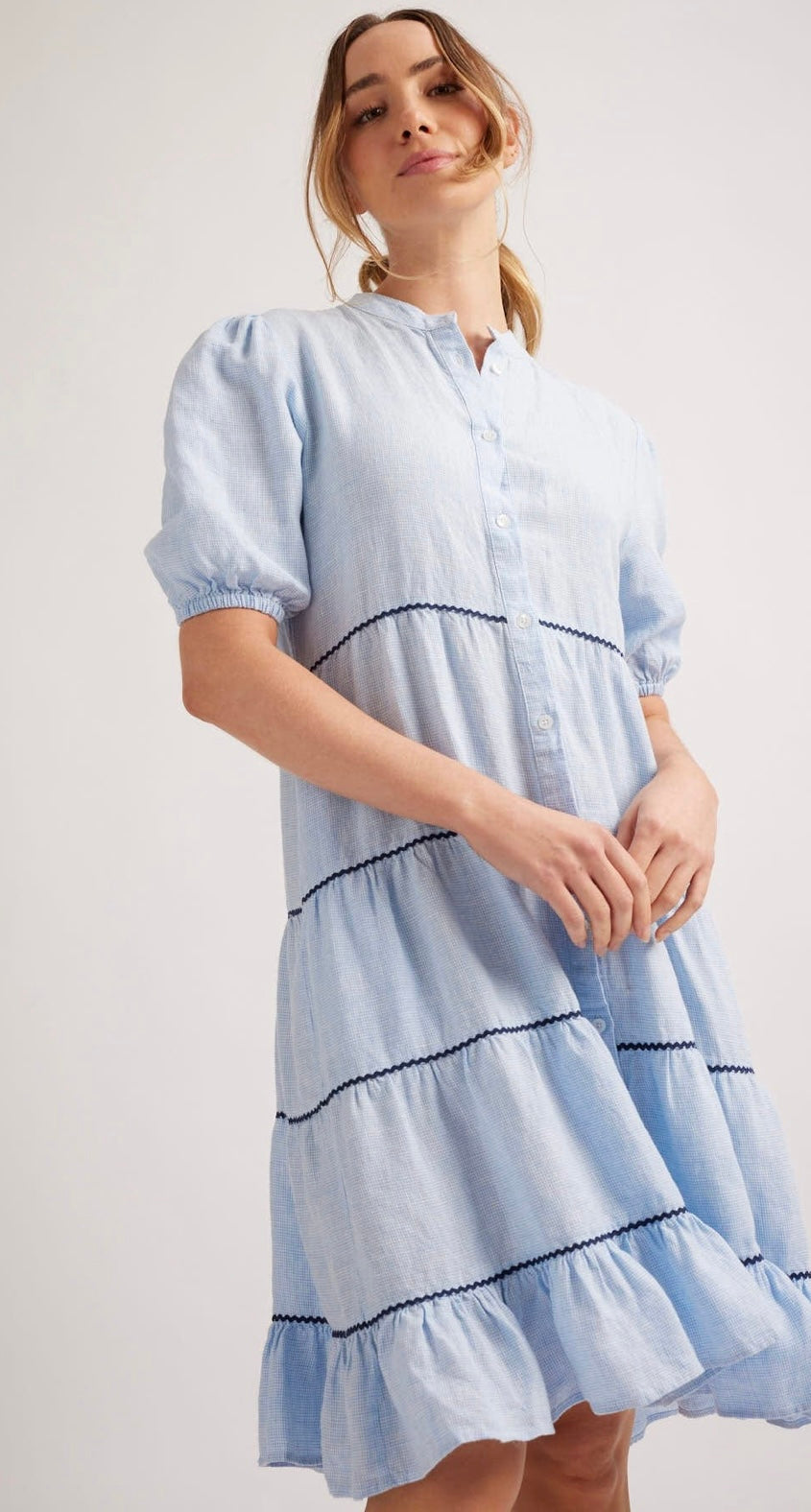 Alessandra Marcella Linen Dress in Pale Blue Houndstooth