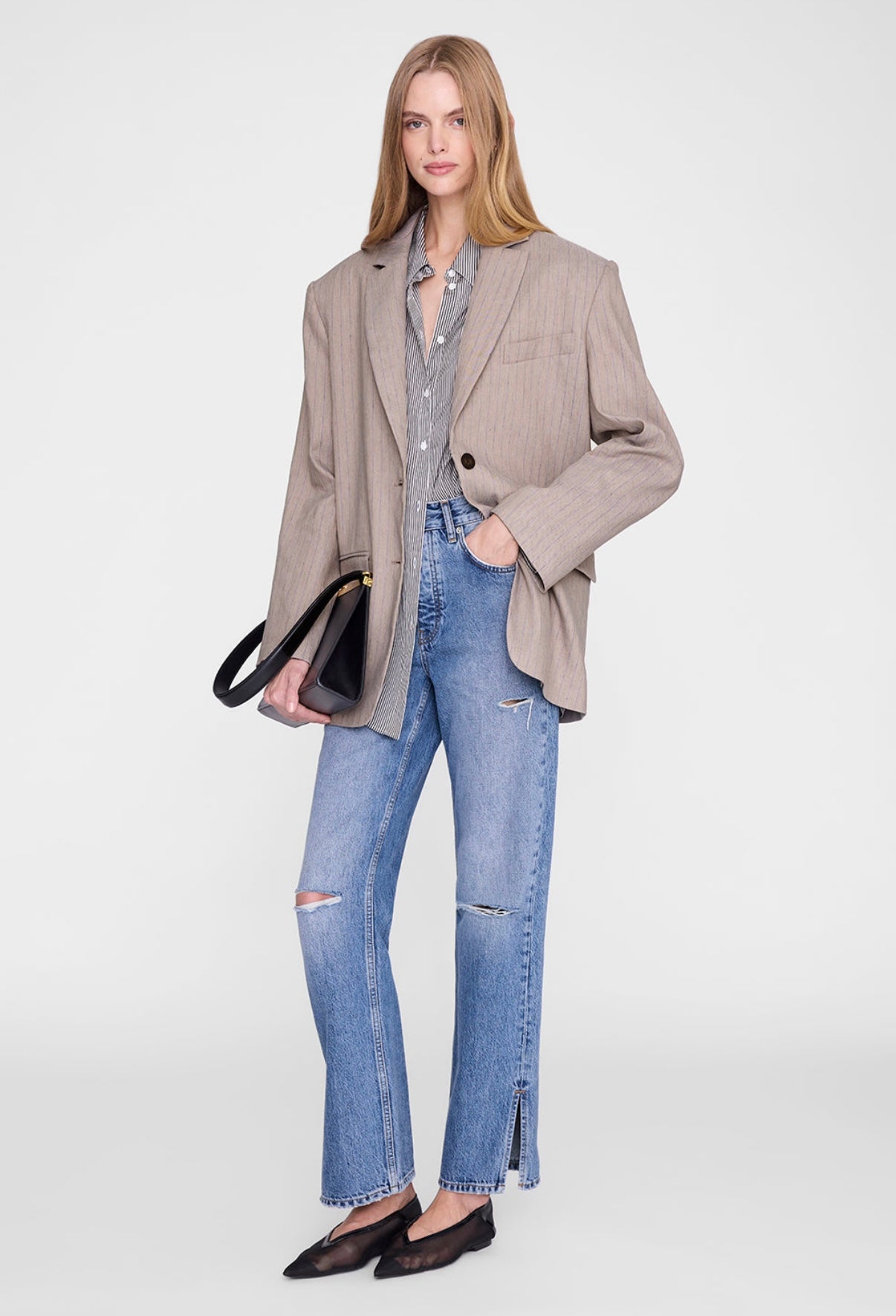 Anine Bing Quinn Blazer in Taupe and Blue Pinstripe