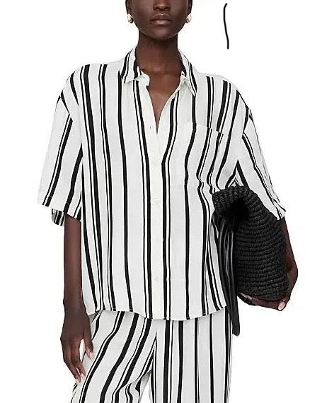 Anine Bing Coco Shirt ivory and black monogram stripe