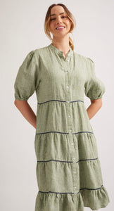 Alessandra Marcella Linen Dress in Olive Houndstooth