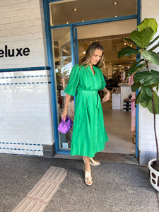 Alessandra Lyon Dress Green Silk Cotton with Lurex