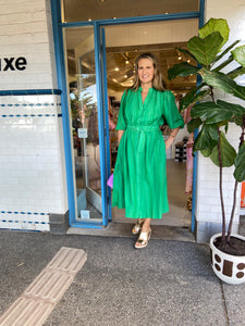 Alessandra Lyon Dress Green Silk Cotton with Lurex