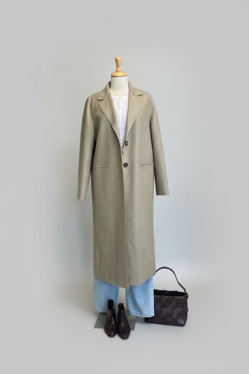 Gray coat on a mannequin in a clothing store with racks of clothes in the background.