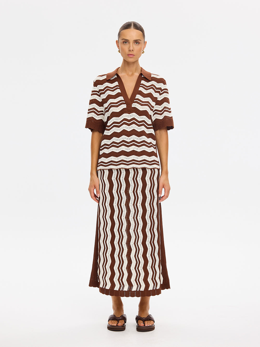 Kivari Sarah Knit Polo Top Choc Ivo Stripe