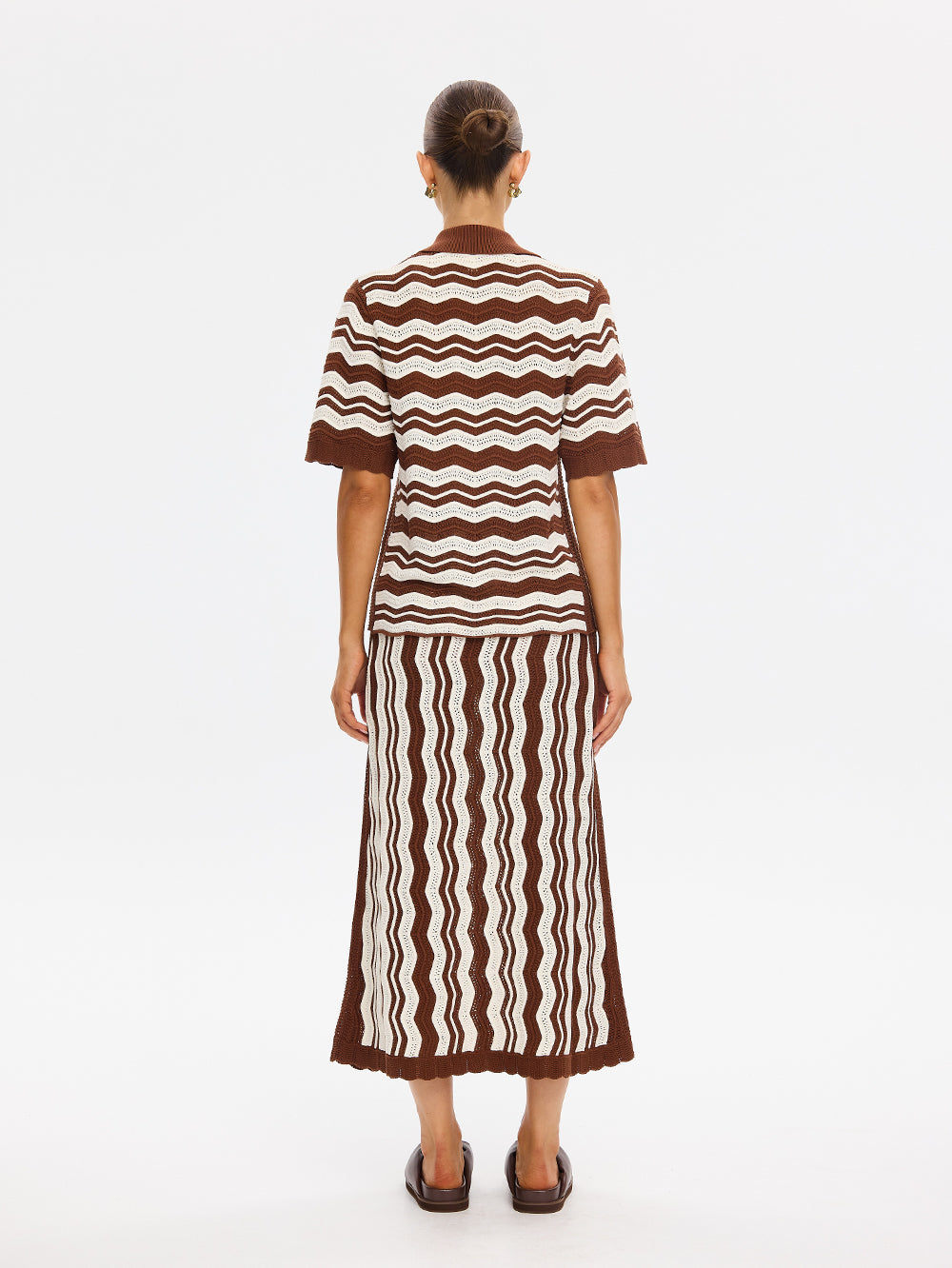 Kivari Sarah Knit Polo Top Choc Ivo Stripe