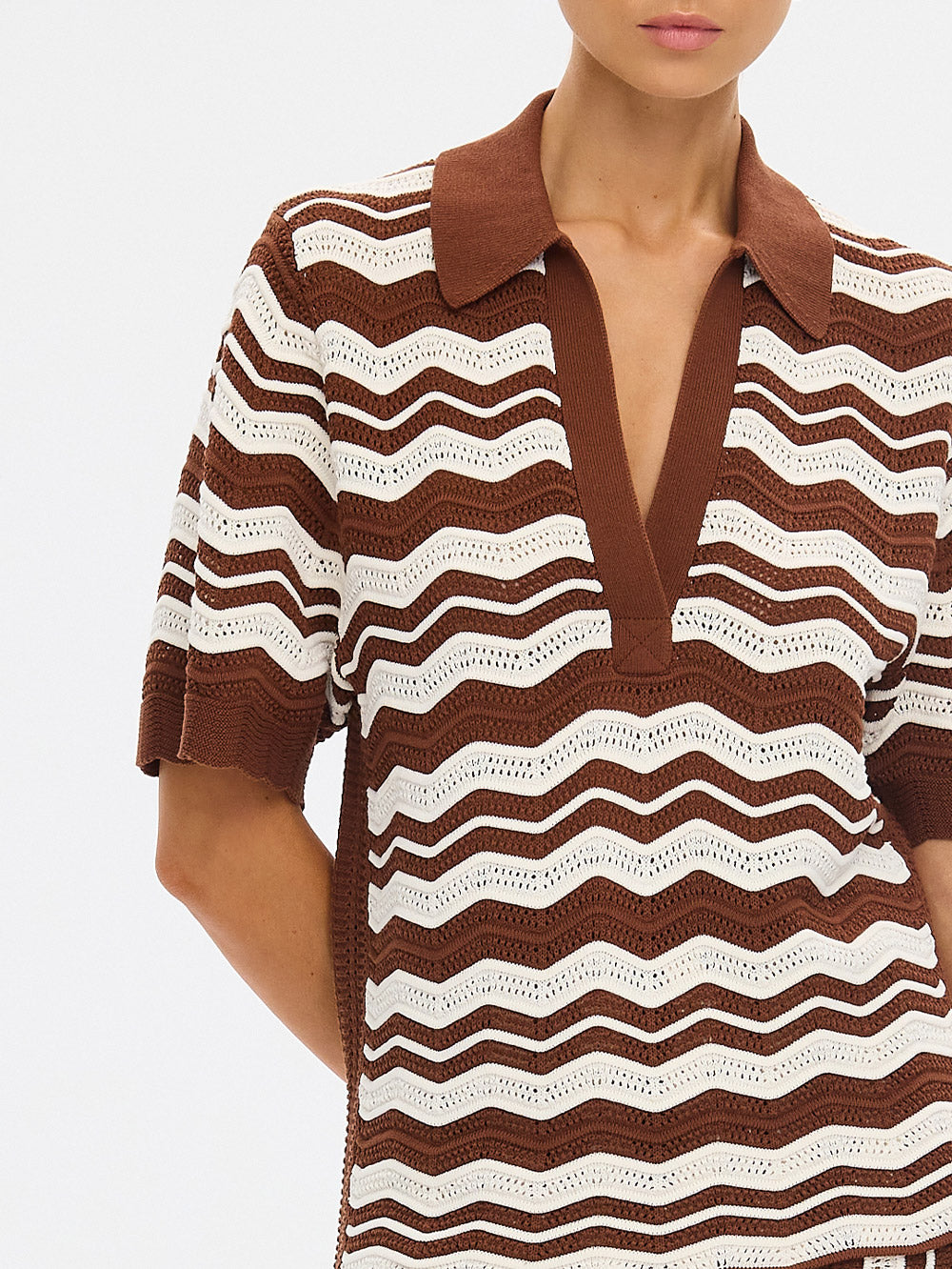 Kivari Sarah Knit Polo Top Choc Ivo Stripe