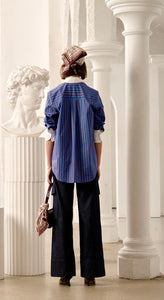 Le Stripe Piazza Contrast Collar and Cuff Shirt - COBALT/RAISIN