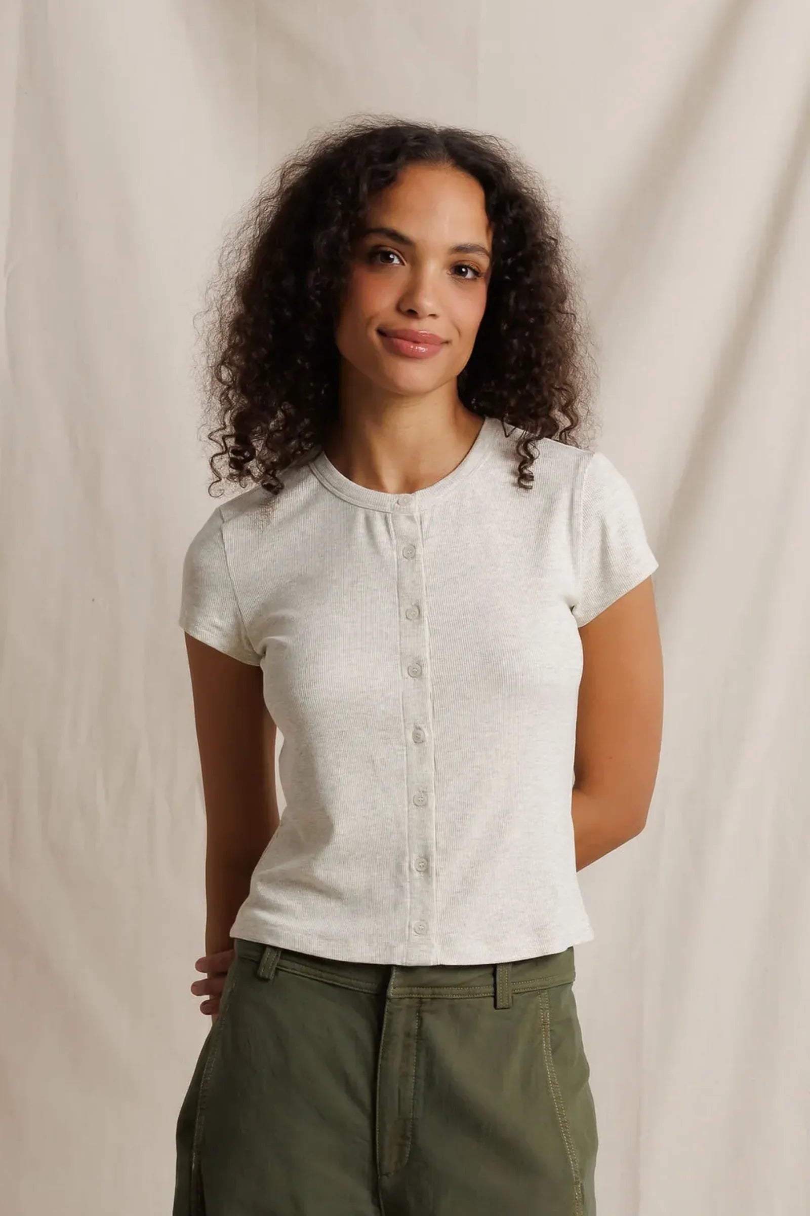 Perfect White Tee - Miriam Luxe Rib Button up Short Sleeve - Oatmeal Ash