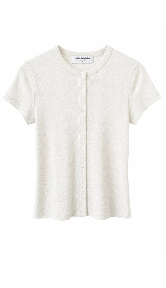Perfect White Tee - Miriam Luxe Rib Button up Short Sleeve - Oatmeal Ash