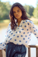 Load image into Gallery viewer, Primrose Park - Sandy Open Shirt in Pom Pom Flower  Blue on White