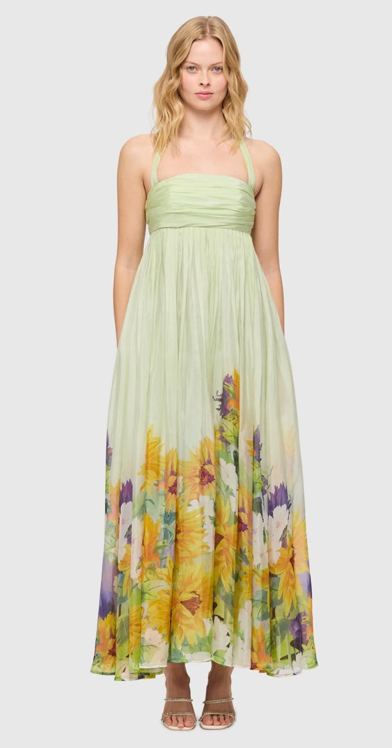 Leo Lin Claudette Silk Halter neck Sunflower dress in Green – Deluxe Lorne