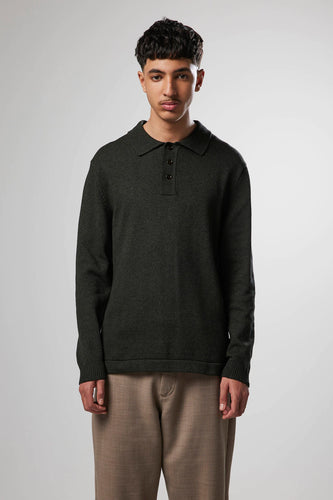 NN07 Vito Cotton Blend Polo Sweater in Olive Green